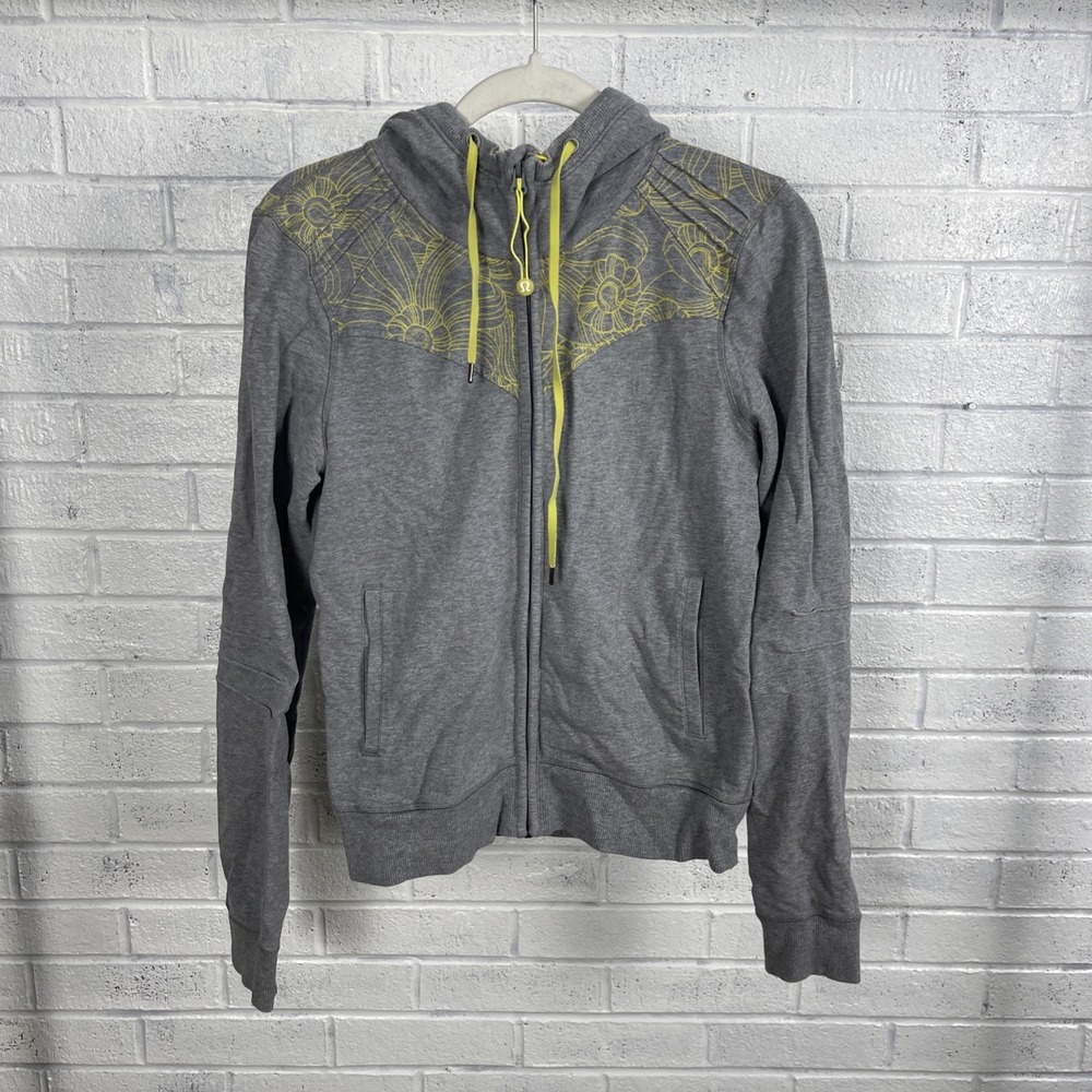 Lululemon Full Zip Hooded Jacket Gray Yellow Floral Womens 8 Running Active Wear